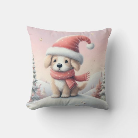 サンタハットの可愛いクリスマスの子犬 クッション (正面)