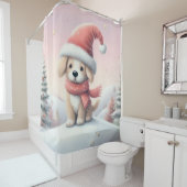 サンタハットの可愛いクリスマスの子犬 シャワーカーテン (インサイチュ)