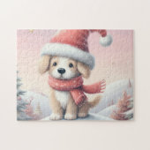 サンタハットの可愛いクリスマスの子犬 ジグソーパズル (横)