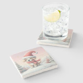 サンタハットの可愛いクリスマスの子犬 ストーンコースター (横)