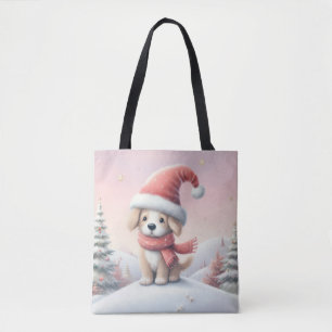 サンタハットの可愛いクリスマスの子犬 トートバッグ