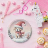 サンタハットの可愛いクリスマスの子犬 ペーパープレート (パーティー)