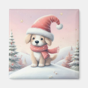 サンタハットの可愛いクリスマスの子犬 マグネット