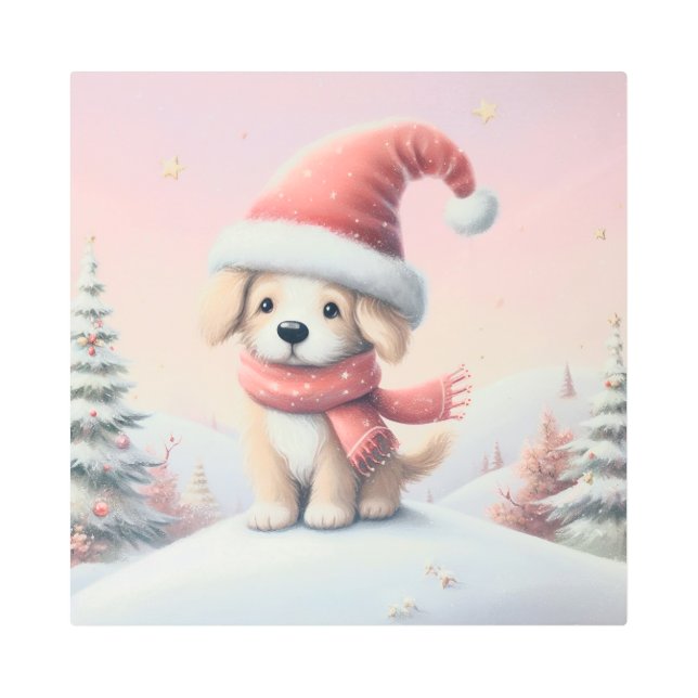 サンタハットの可愛いクリスマスの子犬 メタルプリント (正面)