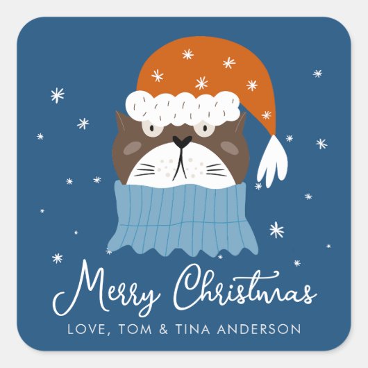 サンタハットの可愛いクリスマスキャット雪の青 スクエアシール (正面)