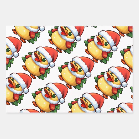 サンタハットの可愛いクリスマスダック ラッピングペーパーシート (正面3)