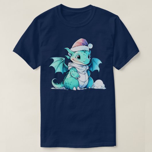 サンタハットの可愛いクリスマスドラゴン Tシャツ (デザイン正面)