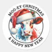 サンタハットの可愛いクリスマスパーソナライズされた牛 ラウンドシール (正面)
