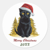 サンタハットの可愛いクリスマスブラックカスタム猫 ラウンドシール (正面)