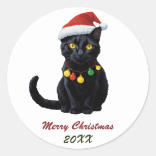サンタハットの可愛いクリスマスブラックカスタム猫 ラウンドシール