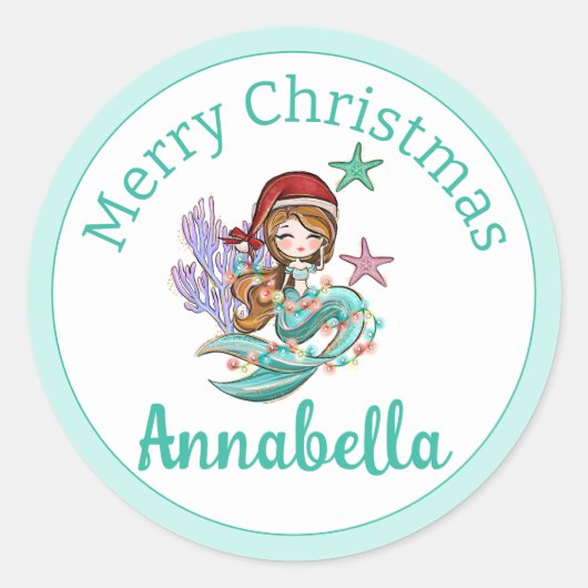 サンタハットの可愛いクリスマスマーメイドティール(緑がかった色) ラウンドシール (正面)