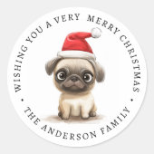 サンタハットの可愛いパグイラストレーションの姓 ラウンドシール (正面)