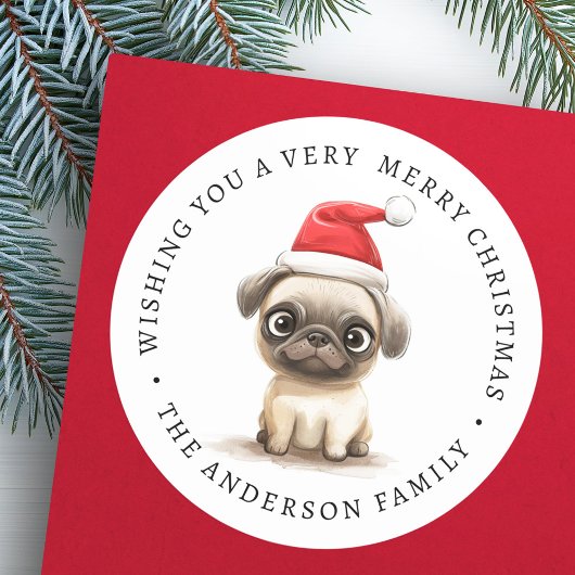 サンタハットの可愛いパグイラストレーションの姓 ラウンドシール