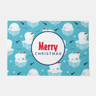 サンタハットの可愛いホッキョクグマのクリスマスパターン ドアマット