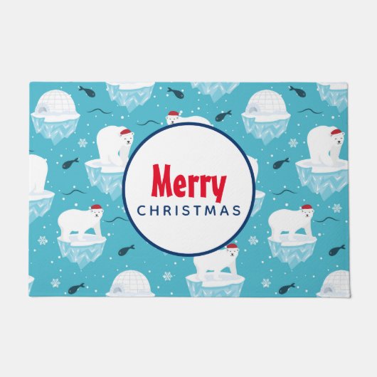 サンタハットの可愛いホッキョクグマのクリスマスパターン ドアマット (正面)