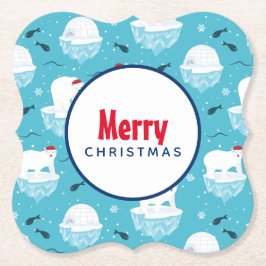 サンタハットの可愛いホッキョクグマのクリスマスパターン ペーパーコースター