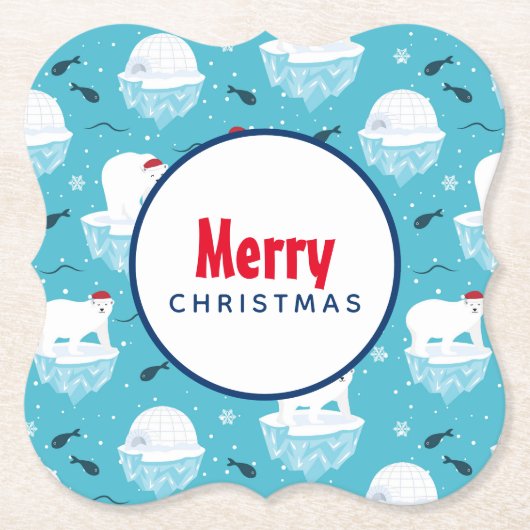 サンタハットの可愛いホッキョクグマのクリスマスパターン ペーパーコースター (正面)