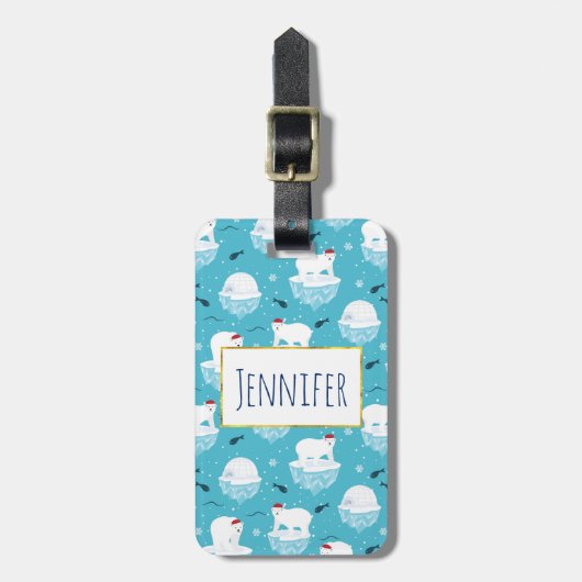 サンタハットの可愛いホッキョクグマのクリスマスパターン ラゲッジタグ (正面縦)