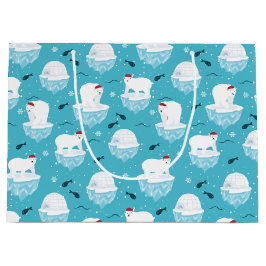 サンタハットの可愛いホッキョクグマのクリスマスパターン ラージペーパーバッグ