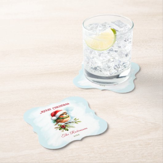 サンタハットの可愛いロビンクラシッククリスマス ペーパーコースター (インサイチュ)