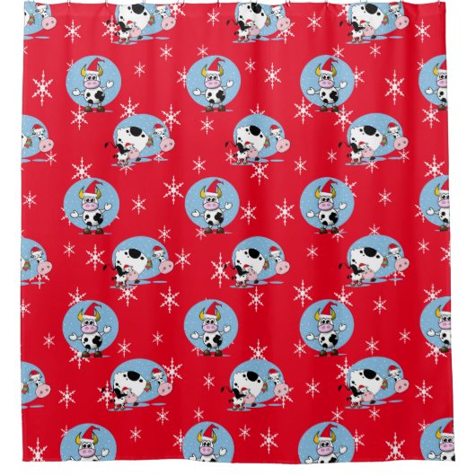 サンタハットの国のクリスマス牛 シャワーカーテン (正面)