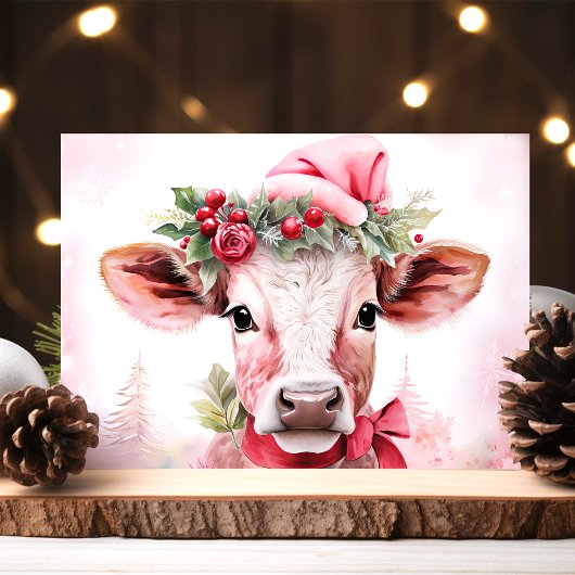 サンタハットの愛らしいクリスマスの牛 シーズンカード
