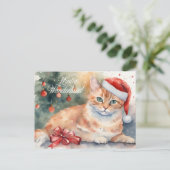 サンタハットの水彩画のクリスマスオレンジキャット シーズンポストカード (スタンド正面)