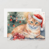 サンタハットの水彩画のクリスマスオレンジキャット シーズンポストカード (正面/裏面)