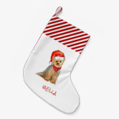 サンタハットの水色ヨークシャーテリア スモールクリスマスストッキング (正面 (吊り時))