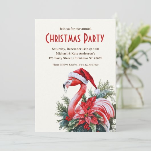 サンタハットの熱帯性クリスマスパーティーのフラミンゴ 招待状 (スタンド正面)
