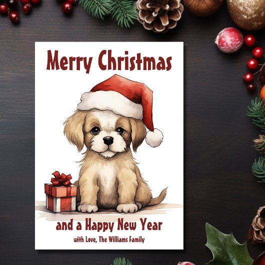 サンタハットの犬のクリスマスを着たかわいい子犬 シーズンカード