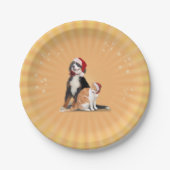 サンタハットの猫と犬 ペーパープレート (正面)