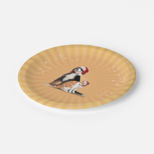 サンタハットの猫と犬 ペーパープレート (アングル)