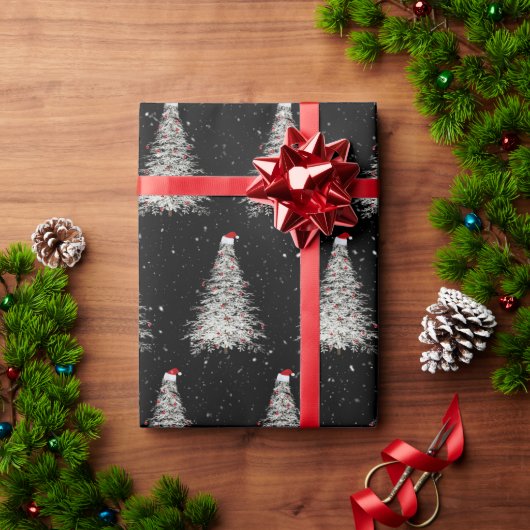 サンタハットの白いクリスマスツリー ラッピングペーパー (クリスマスギフト)