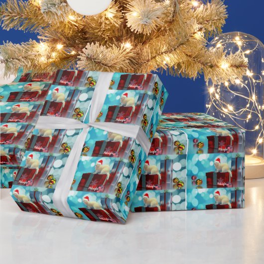 サンタハットの白いペットフェレット  ラッピングペーパー (クリスマス)