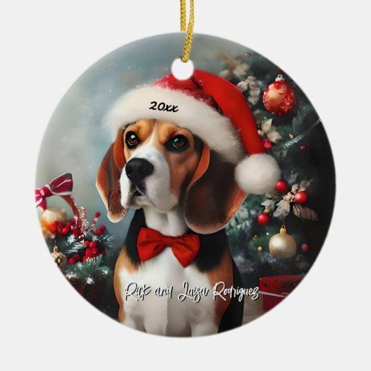 サンタハットの美しいビーグル セラミックオーナメント (正面)