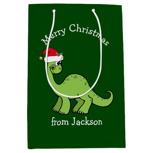 サンタハットの聖降誕祭カスタム恐竜 ミディアムペーパーバッグ (正面)