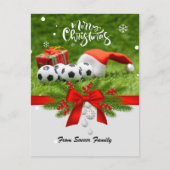 サンタハットの赤いリボンとサッカークリスマスホリデー ポストカード (正面)