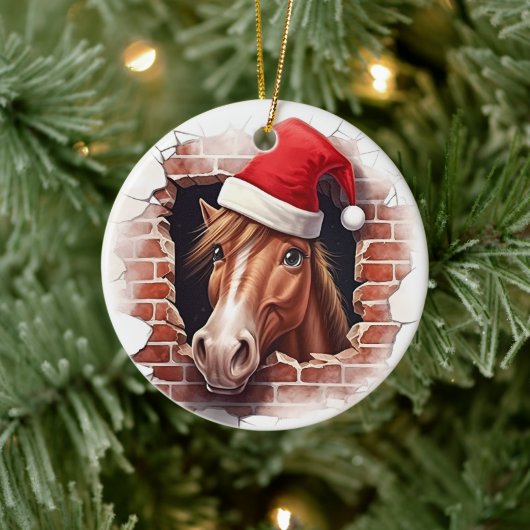 サンタハットの馬 – 3D セラミックオーナメント (ツリー)
