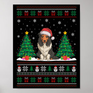 サンタハットひげを付けたコリードッグクリスマスツリーが醜く点灯 ポスター