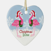 サンタハットをかぶるクリスマスピンクのフラミンゴ セラミックオーナメント (右)