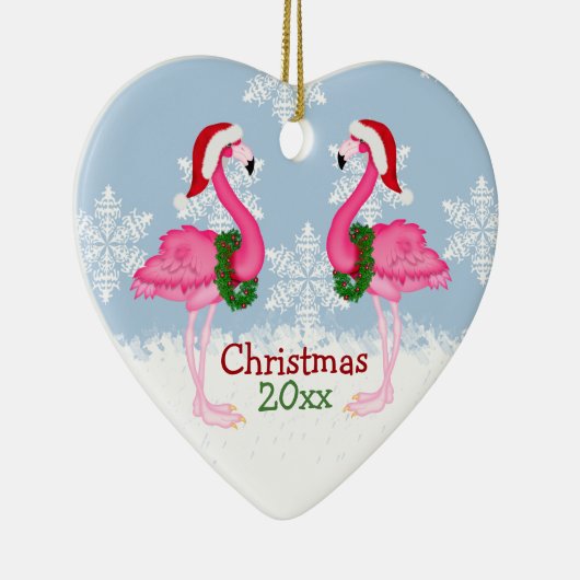 サンタハットをかぶるクリスマスピンクのフラミンゴ セラミックオーナメント (右)