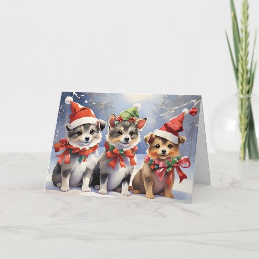 サンタハットを使ったかわいいクリスマスの子犬 カード (正面)