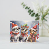 サンタハットを使ったかわいいクリスマスの子犬 ポストカード (スタンド正面)