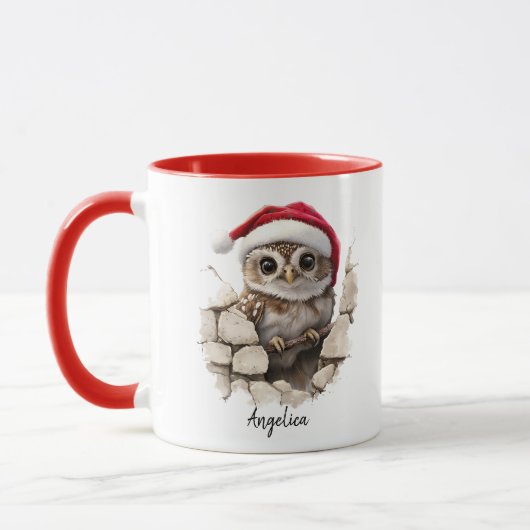 サンタハットを使ったかわいいクリスマスカスタムののぞきフクロウ マグカップ (左)