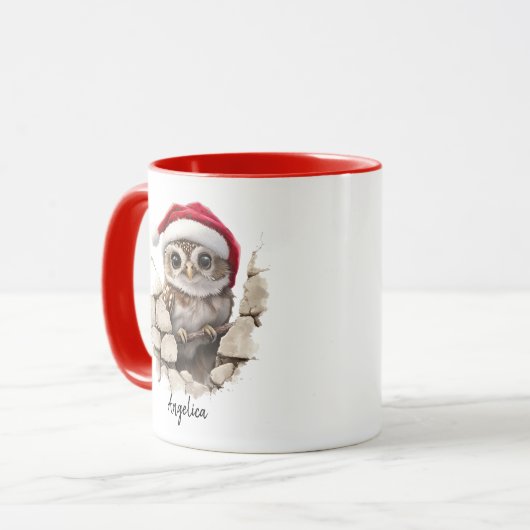 サンタハットを使ったかわいいクリスマスカスタムののぞきフクロウ マグカップ (正面左)