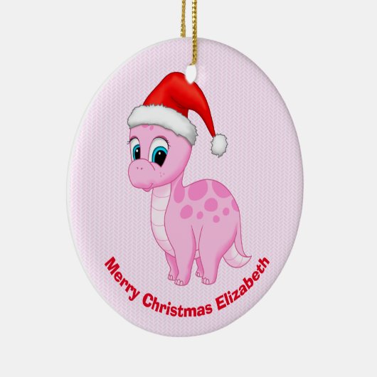 サンタハットを使ったかわいいピンクのベビー恐竜 セラミックオーナメント (右)
