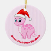 サンタハットを使ったかわいいピンクのベビー恐竜 セラミックオーナメント (正面)