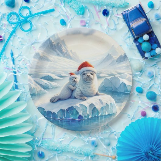 サンタハットを使ったクリスマス北極圏のアザラシ ペーパープレート (パーティー)