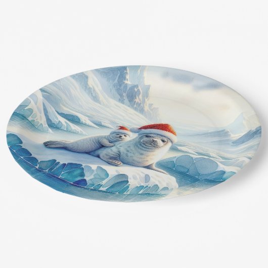 サンタハットを使ったクリスマス北極圏のアザラシ ペーパープレート (アングル)